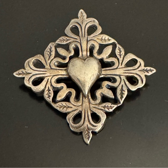 Estate Jewelry - Vintage Sterling Silver Sacred Heart Cross Brooch - H&H - 925